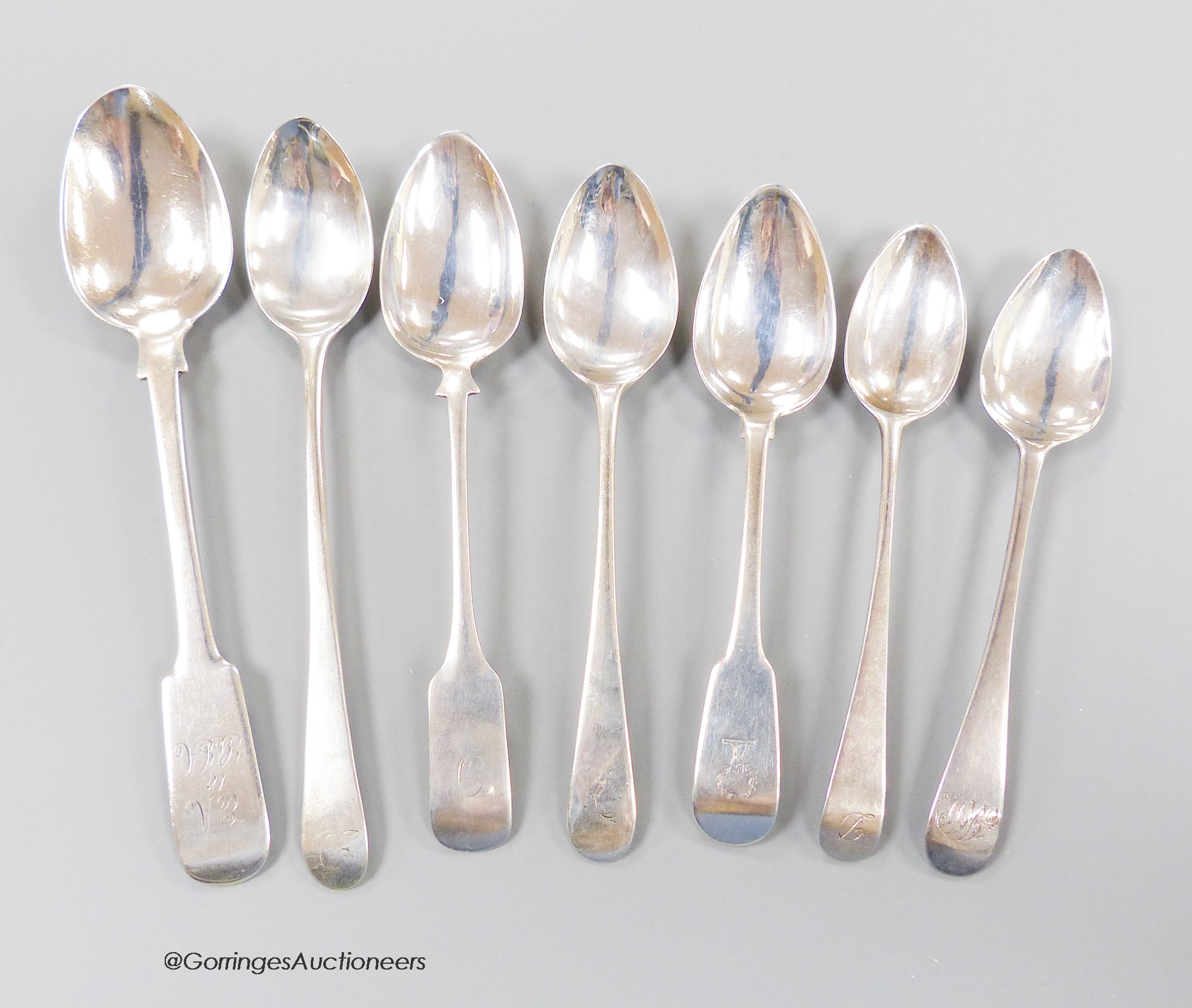 Seven assorted 18th & 19th century Scottish provincial silver Aberdeen teaspoons, (James Erskine(2), James Gordon(2), James Begg?, ?F and William Whitecross), longest 15.9cm, 109 grams.